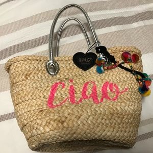 Imoshion Natural Straw Tote with Pink 'Ciao' and Colorful Pom-Pom Accents